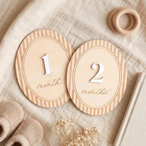 Wooden Reversible Baby Milestone Plaque, Fluted Oval Photo Prop (1-12 Months)