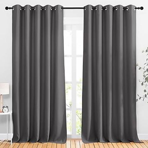 NICETOWN Blackout Curtains Panels for Living Room, 2 Panels, 66 x 92 Inch, Gray, 3 Pass Microfiber Noise Reducing Thermal Insulated Solid Ring Top Blackout Window Drapes