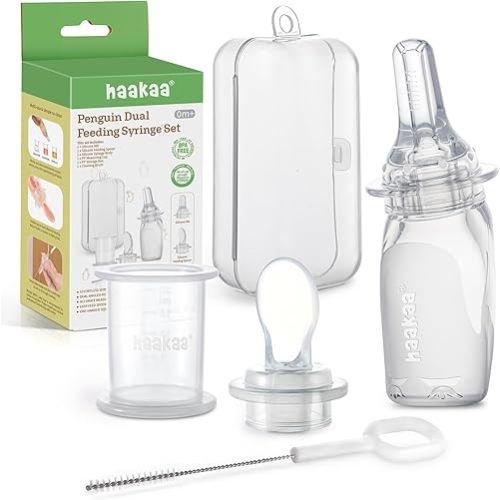 haakaa Penguin Dual Feeding Syringe Set-Baby Medicine Dispenser and Food Dispensing Spoon Feeder,Medical-Grade Silicone