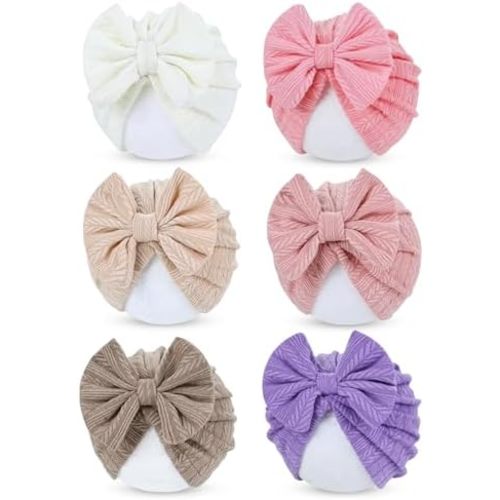 Cinaci 6 Pack Nursery Hospital Caps Bonnets Beanies Headwraps Turban Hats with Bow for Baby Girls Newborns Infants Toddlers