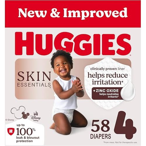 Huggies Size 4 Diapers, Skin Essentials Baby Diapers, Size 4 (22-37 lbs), 58 Count
