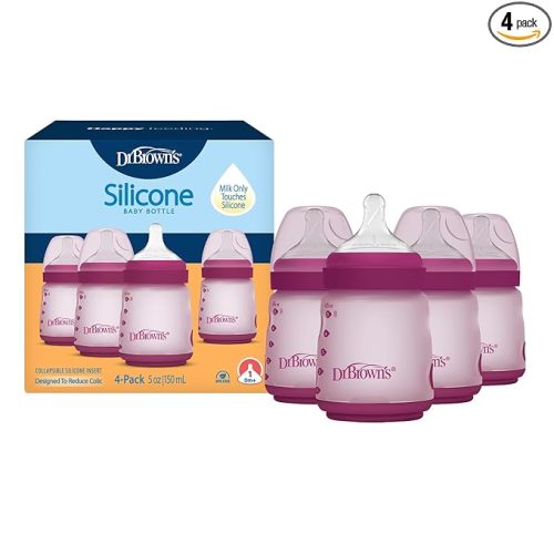 Dr. Brown's Silicone Baby Bottle with Collapsible Insert Designed to Reduce Colic, 5 oz with Wide-Neck Level 1 Slow Flow Nipple, BPA-Free, 0m+, Pink, 4-Pack