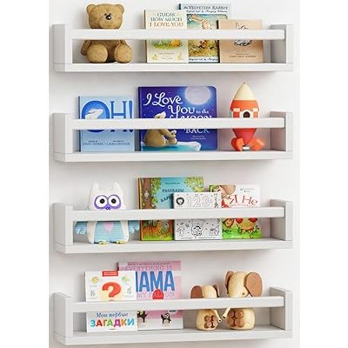 Forbena Floating Nursery Book Shelves for Wall Set of 4, Wall Bookshelf for Kids Room, White Wood Hanging Bookshelves Book Shelf for Baby Toddler Childrens Boy Girl Bedoom Toy and Decor Storage