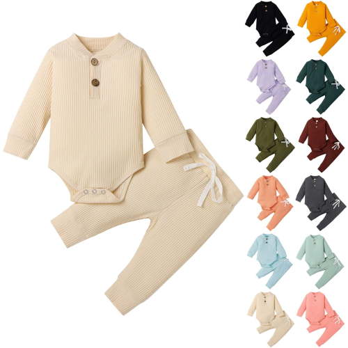 Dakiuu 0-2t Baby Boys Girls Winter Fall Clothes 2 Pieces Ribbed Half Button Down Long Sleeve Romper Bodysuit Pants Set Infant Newborn Spring Solid Rib Jumpsuit Outfits Coffee 0-3 Months (60)