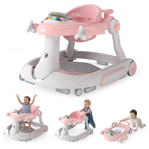 TODECARE 6-in-1 Baby Walker with Adjustable Height, Foldable Design & Speed-Control Wheels, Easy-Clean Seat, Pink&Beige