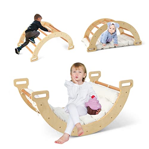 INFANS Wooden Arch Climber Rocker with Soft Cushion, 4 in 1 Montessori Climbing Ladder Toys for Toddlers, Waldorf Indoor Baby Children Ladder Gym Learning Playset Gift for Kids Boys Girls