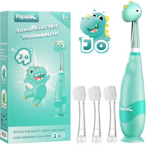 Papablic Toddler Sonic Electric Toothbrush Kids for Ages 1-3, Blue Dino | Baby Electric Toothbrush, with Cute Dino Cover, Smart LED Timer, 4 Brush Heads (Debby) : Health & Household