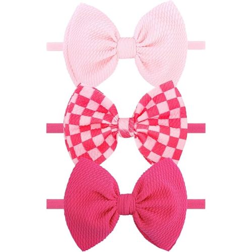 YanJie 3PCS 4.5’’ Checkered Bows for Baby Girls Headbands Hot Pink Headband Pink Hair Accessories for Girls Newborn Girl Clothes Baby Girl Outfits