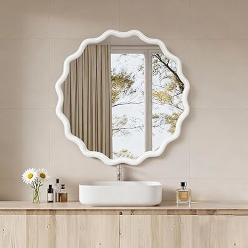30 Inch Wooden Wavy Round Wall Mirror, Modern Solid Wood Frame Circle Decorative Accent Mirror for Bedroom, Bathroom, Living Room, Entryway, White
