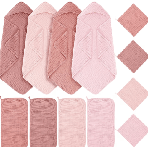 12 Pcs Muslin Hooded Baby Bath Towel Set, Pink Series