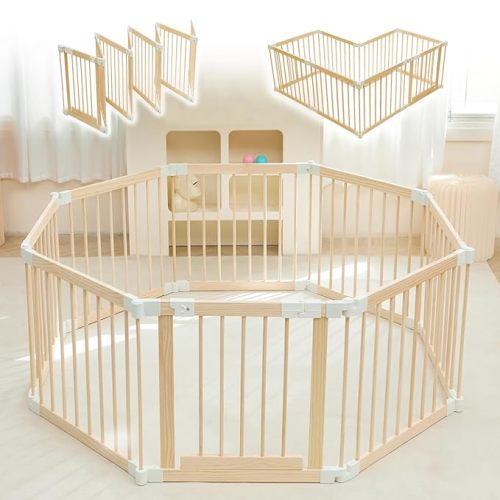 Baby Playpen, Playpen for Babies and Toddlers, Foldable Wooden Play Yard with Gate, Adjustable Baby Activity Center with Child Proof Lock, Fence Play Area for Toddlers 1-3（56 * 56 * 24inches）