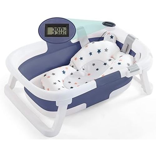 Foldable Baby Bathtub for Infants to Toddler,Portable Travel Multifunctional with Drain Hole,Collapsible Newborn 0-36 Month (Blue White+Baby Bath Cushion+Waterproof Ear Cap)