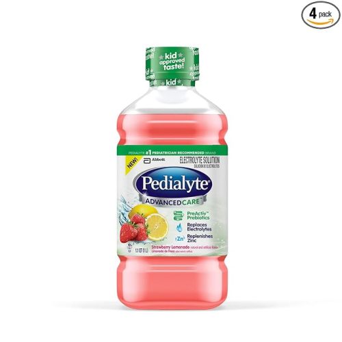 Pedialyte AdvancedCare Electrolyte Solution Has PreActivPrebiotics | Hydration Drink | Strawberry Lemonade, 1 Liter, Pack of 4