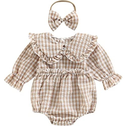 Karuedoo Newborn Baby Girl Clothes Gingham Plaid Bubble Romper Long Sleeve Ruffle Bodysuit with Headband Spring Fall Outfit