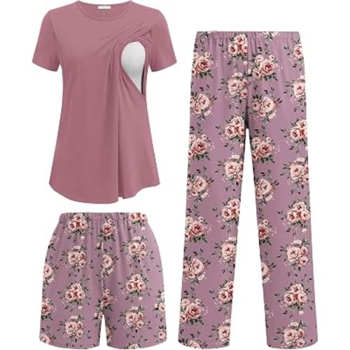 Ekouaer 3 Piece Maternity Nursing Pajamas Set Short Sleeve Breastfeeding Pjs