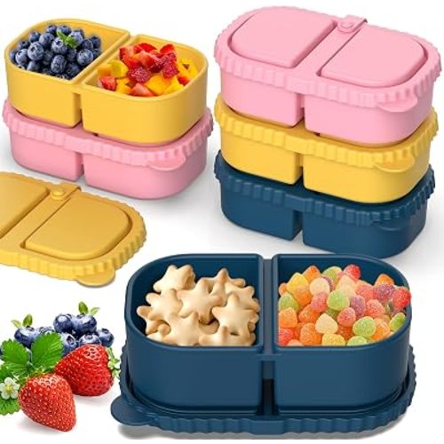 ICEROYCE 6 Pack Reusable Silicone Snack Containers with Lids, 2 Compartment Leakproof Food Storage Containers, BPA-Free Portable Snack Boxes for Lunch, School, Adults