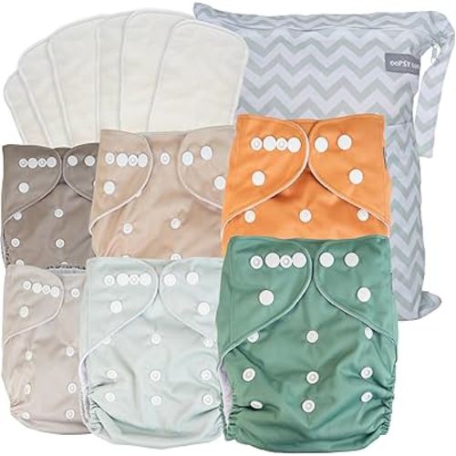 Cloth Diapers 6 Pack with 6 Inserts & Wet Bag – Reusable, Adjustable Fit for Babies & Toddlers – One Size Diapers That Grow with Your Baby – Machine Washable & Eco-Friendly