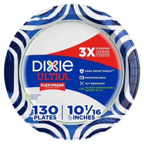 Dixie Ultra Disposable Paper Plates 10" - 130ct: White, Abstract Pattern, Round Shape