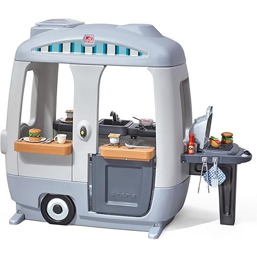 Step2 Adventure Camper Kids Playhouse, Indoor/Outdoor Playset with Kitchenette, Interactive Doorbell Sounds, 52-Piece Toy Accessories, Durable Plastic, For Toddlers 2+ Years