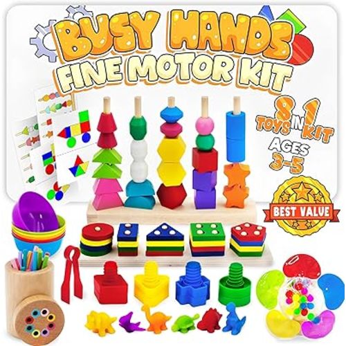 WIZZLY 8-in-1 Busy Hands Fine Motor Skills Toys Kit for Toddler, Montessori Toys Set for 3+ Years Old, Learning & Education Toys, Color Shape Sorter, Stacking Toys, STEM, Wooden Toys