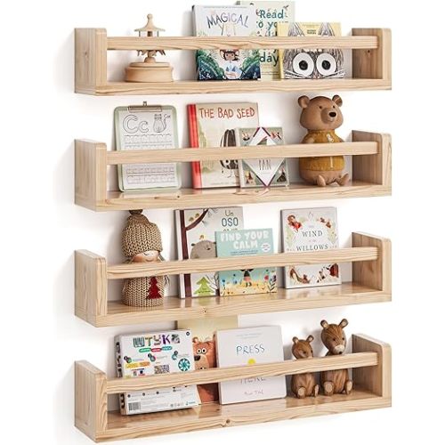 Onlysky Set of 4 Wall-Mounted Kid's Bookshelf - Wood Floating Nursery Book Shelves - Durable Wood Construction - Ideal for Nursery Decor, Kids Room, Toy Storage
