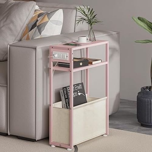 Leomonio Pink Side Table with Charging Station, Slim End Tables with Linen Basket, Skinny Table for Small Spaces, Thin Bedside Table for Living Room, Bedroom