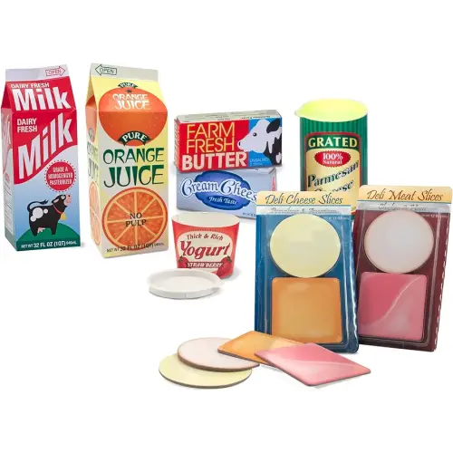 Melissa & Doug Fridge Fillers Grocery Play Food Cartons (8 Pieces) Wooden Toy Groceries, Pretend Play Food, Kitchen Accessories for Kids Ages 3+ - FSC Certified