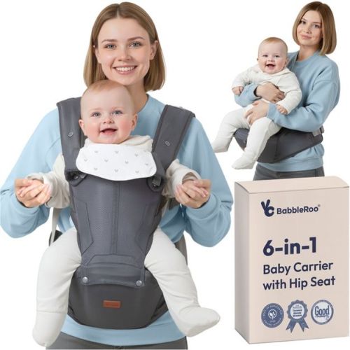 BabbleRoo Baby Carrier for Newborn to Toddler with Hip Seat and Lumbar Support, Ergonomic & Adjustable with Sunshade 6 in 1, Gray