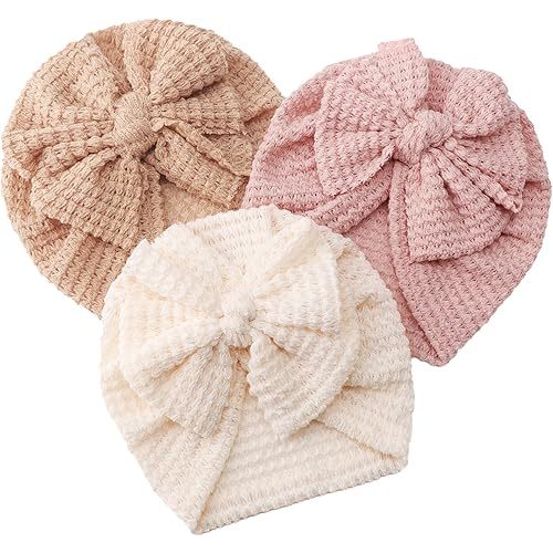 DRESHOW BQUBO 3 Pieces Newborn Baby Turban Hats Bow Baby Infant Beanie Breathable Toddler Cap for Baby Girls