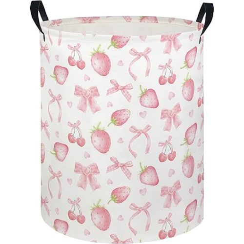 Baby Laundry Hamper kids laundry Basket Waterproof Laundry Bag for Bedroom Clothes Organizer Room Décor(Bowknot strawberry)