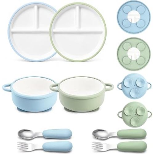 Daximo 8 Pcs Ceramic Baby Plates Set with Suction Sleeves, Spoons & Forks