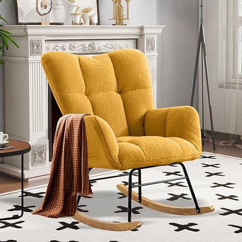 Nursery Rocking Chair Teddy Upholstered Glider Rocker,Rocking Accent Chair Padded Seat with High Backrest,Solid Wood Legs for Nursery Bedroom Living Room(Yellow