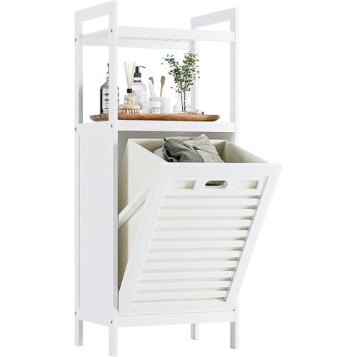 HITNET Bamboo Tilt Out Hamper, 10 Gal Bathroom Laundry Cabinet with Hidden Foldable Basket, Freestanding Clothes Storage Organizer with Storage Shelf, White
