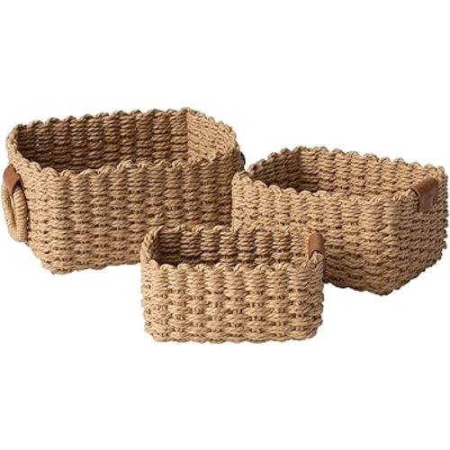 La Jolie Maison Small Sand Wicker Baskets Set of 3, Paper Rope Storage Baskets with Handle, Small Woven Baskets for Organizing, Decorative Cute Baskets for Gifts