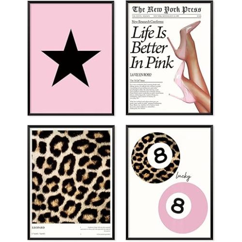 Locomiss Trendy Pink Leopard Wall Art Posters, Leopard Print Room Decor, Funky Retro Cheetah Print Lucky 8 Ball Posters for Teen Girls Room College Dorm Decor, Set of 4 (12x16 Unframed)