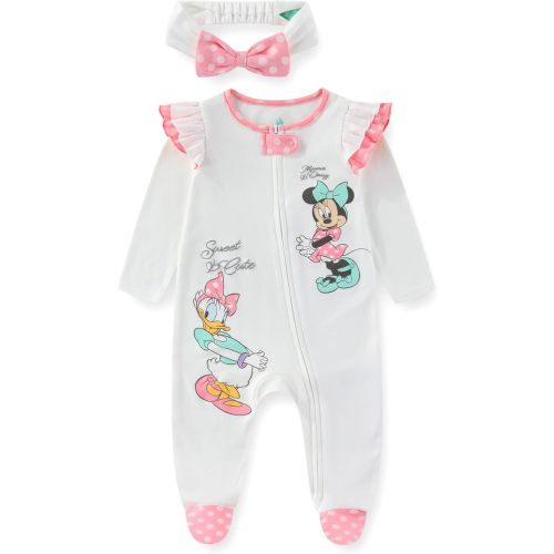 Disney Minnie Mouse Daisy Duck Baby Girls Long Sleeve Footies Coverall Romper With Headband for Newborn and Infant
