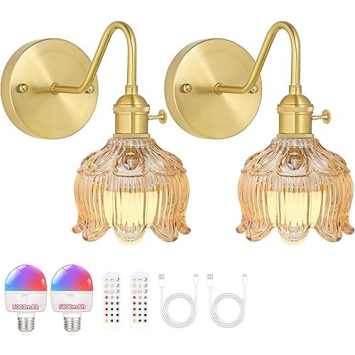Battery Operated Wall Sconce Set of 2, Vintage Wireless Sconces with Amber Tulip Glass Shade, 15 Color Temp, 5000mAh Rechargeable Battery, Remote Control Wall Lights for Bedroom, Living Room
