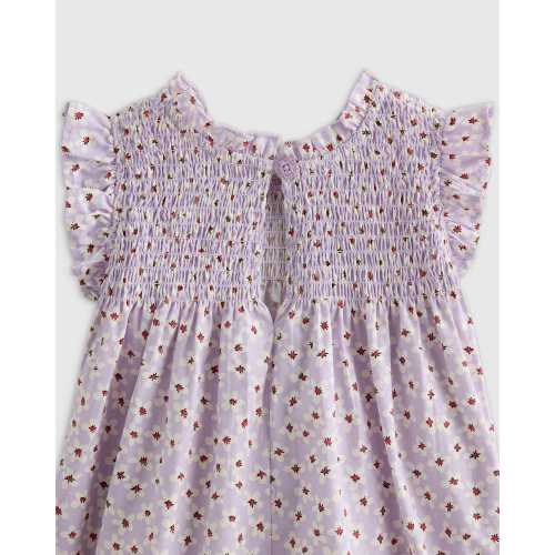 100% Organic Cotton Poplin Smocked Flutter Sleeve Dress - Baby Girl in Purple Daisy