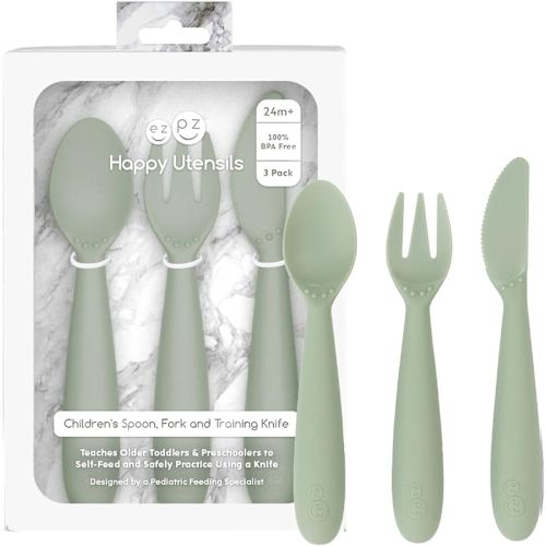 ezpz Happy Utensils (Sage) - 24 Months+ - BPA Free Toddler Utensils - Fork, Spoon and Knife for Toddlers and Preschoolers - Kids Utensils for Self-Feeding Development