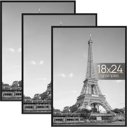 upsimples 18x24 Picture Frame Black 3 Pack, Scratch-Proof Poster Frames 18 x 24 for Photo Gallery - Slide-In Strips, Horizontal or Vertical Wall Mounting