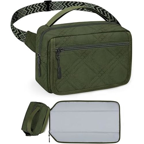 Small Diaper Bag with Portable Changing Pad, Mini Crossbody Diaper FannyPack with Wipes Pocket, Women Waist Bag for Travel (Quilted Olive Green, Large)