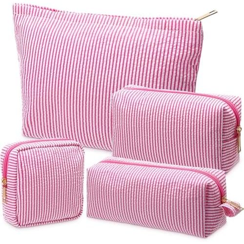 Sanwuta 4 Pcs Seersucker Pouch Striped Makeup Bag Set,Pink