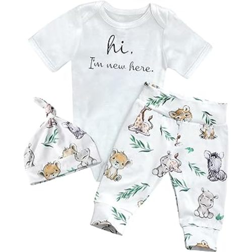 WIQI Newborn Boy Clothes Long Sleeve Romper + Cute Animal Pants + Hat 3pcs Baby Boy Fall Outfits Set