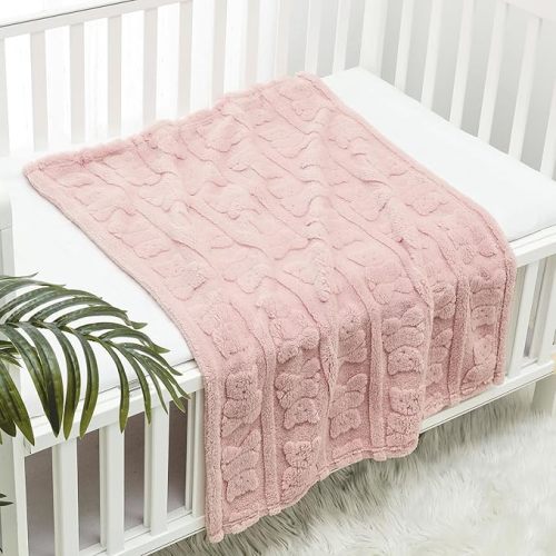 CREVENT 30"X40" Cozy Soft Warm Sherpa Baby Blanket for Girls Boys, Newborn Essentials for Infant, Baby Shower Receiving Gift - Pink Bear 75X100cm