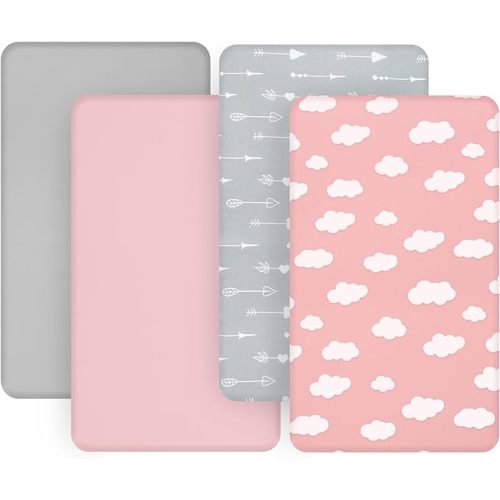 4-Pack Fitted Crib Sheets for Boys and Girls - Breathable, Soft Microfiber Baby Sheets in Grey and Pink