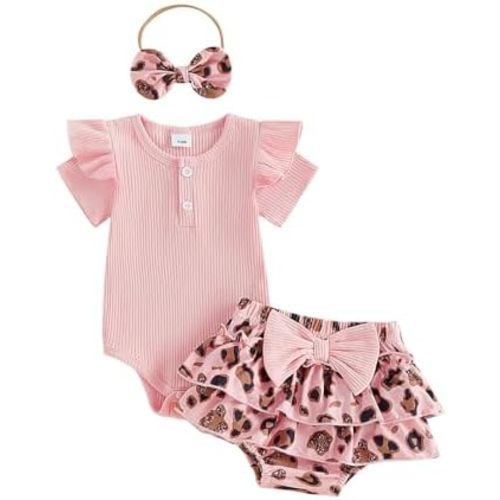 fhutpw Newborn Baby Girl Clothes Ribbed Sleeve Romper Top Leopard Ruffle Shorts Bow Headband Infant Summer Outfits 0-18M