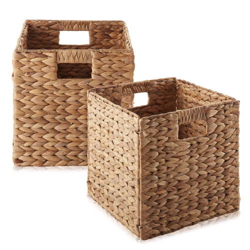 Casafield 10.5" x 10.5" Water Hyacinth Storage Baskets, Cinnamon, Set of 2 Collapsible Cubes, Handwoven Organizer Bins for Bathroom, Bedroom, Laundry
