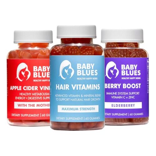 Baby Blues Postpartum Essentials Pack for New Moms, 3 Pack Postpartum Vitamin Kit with Hair Vitamins, Apple Cider Vinegar and Elderberry Gummies, Hair Energy and Immune Support, 180 Count