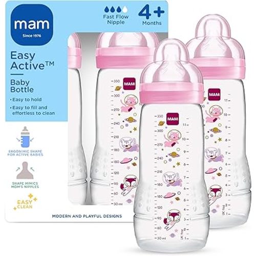 MAM Easy Active Baby Bottle 2 Pack, 11oz, BPA Free, Fast Flow Silicone Nipple, Anti-Slip Grip, Leak-Proof, 4+ Months, Purple Iris