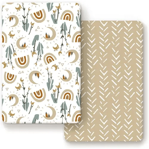 GRSSDER Stretchy Ultra Soft Jersey Knit Fitted Pack n Play Sheets Set 2 Pack, Portable/Mini Cribs Sheets for Girls and Boys, Rainbow Creative Painting Pattern